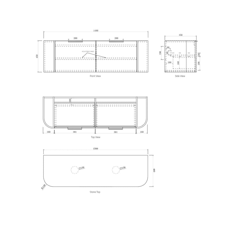 OTTI BONDI BLACK OAK 1500MM CURVE DOUBLE BOWL WALL HUNG VANITY