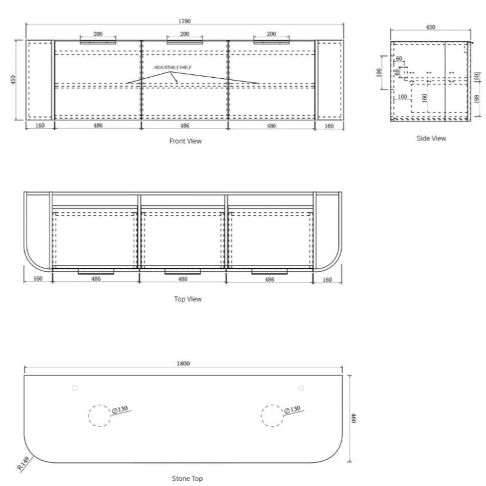 OTTI BONDI MATTE WHITE FLUTED 1800MM CURVE DOUBLE BOWL WALL HUNG VANITY
