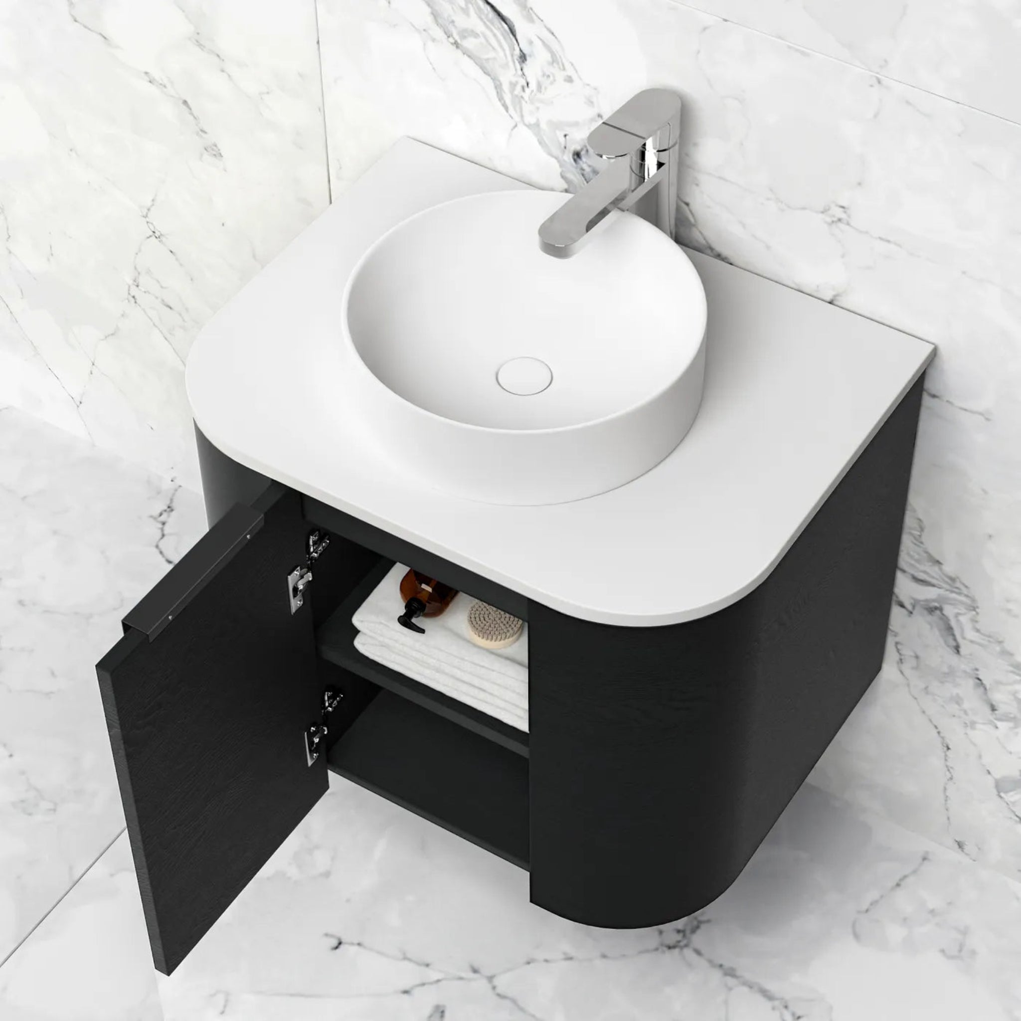 OTTI BONDI BLACK OAK 600MM SINGLE BOWL CURVE WALL HUNG VANITY