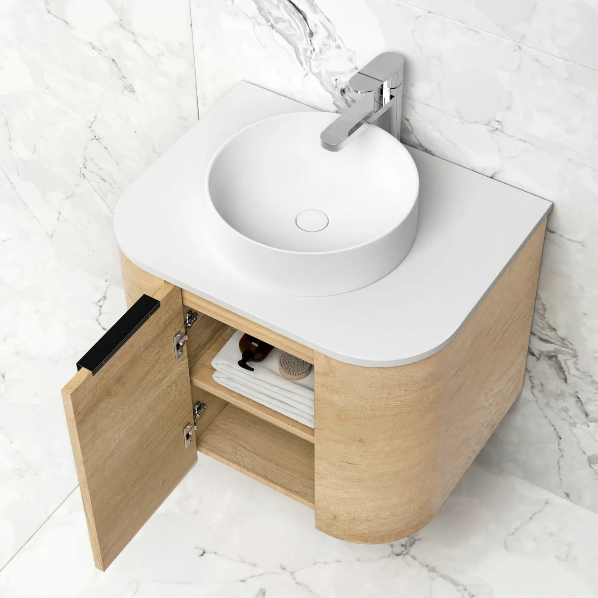 OTTI BONDI NATURAL OAK 600MM CURVE SINGLE BOWL WALL HUNG VANITY