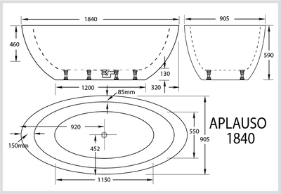 BROADWAY APLAUSO FREE STANDING BATH GLOSS WHITE 1840MM
