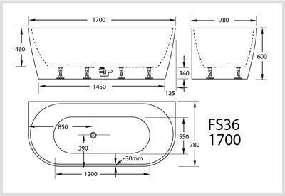 BROADWAY FS36 BACK TO WALL BATH GLOSS WHITE (AVAILABLE IN 1500MM AND 1700MM)