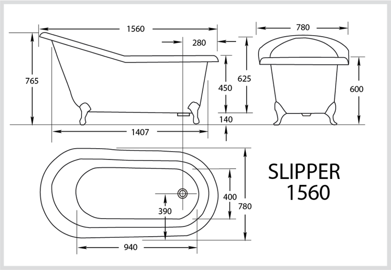 BROADWAY SLIPPER CLAWFOOT BATH WHITE (AVAILABLE IN 1560MM AND 1700MM)