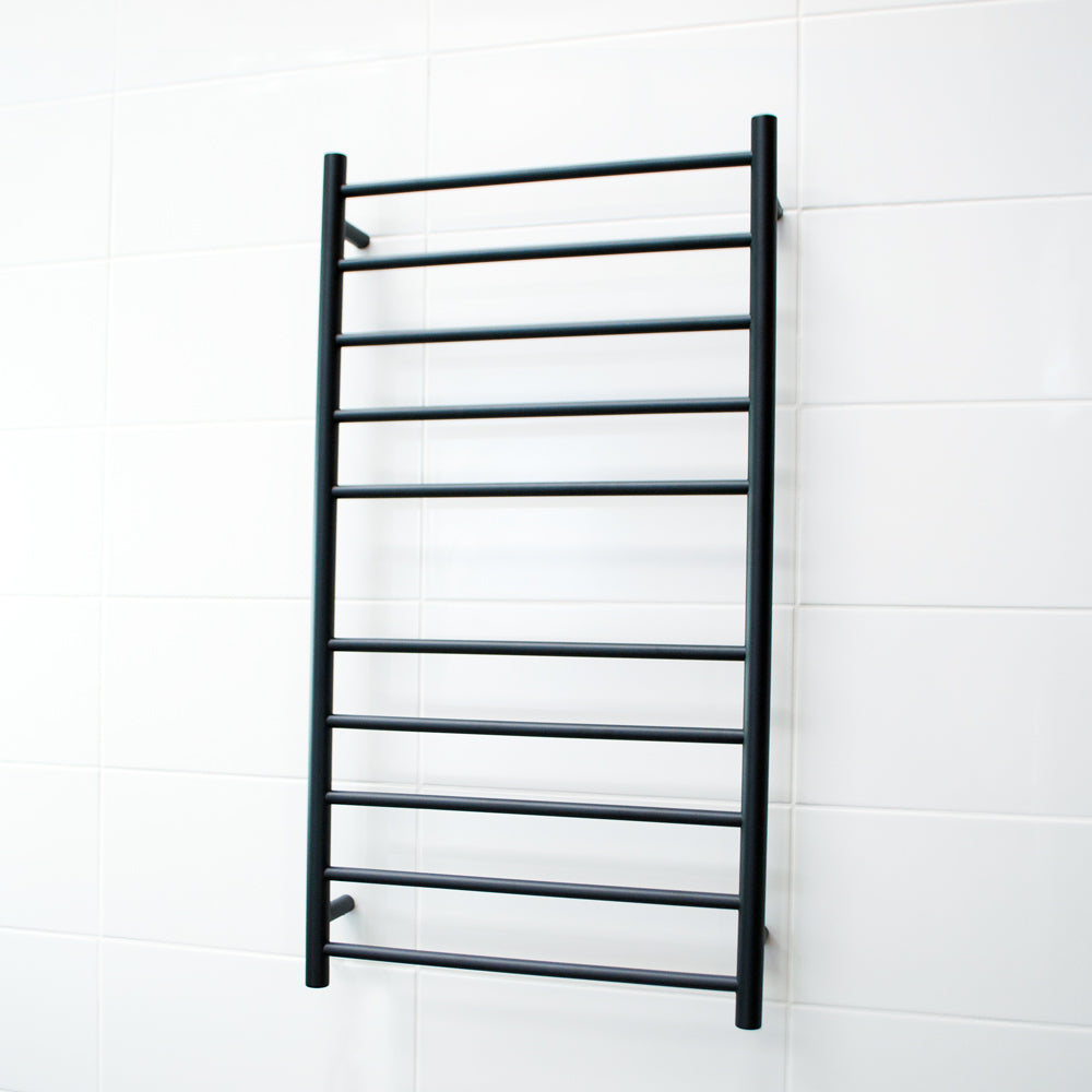 RADIANT HEATING 10-BARS ROUND HEATED TOWEL RAIL MATTE BLACK 600MM