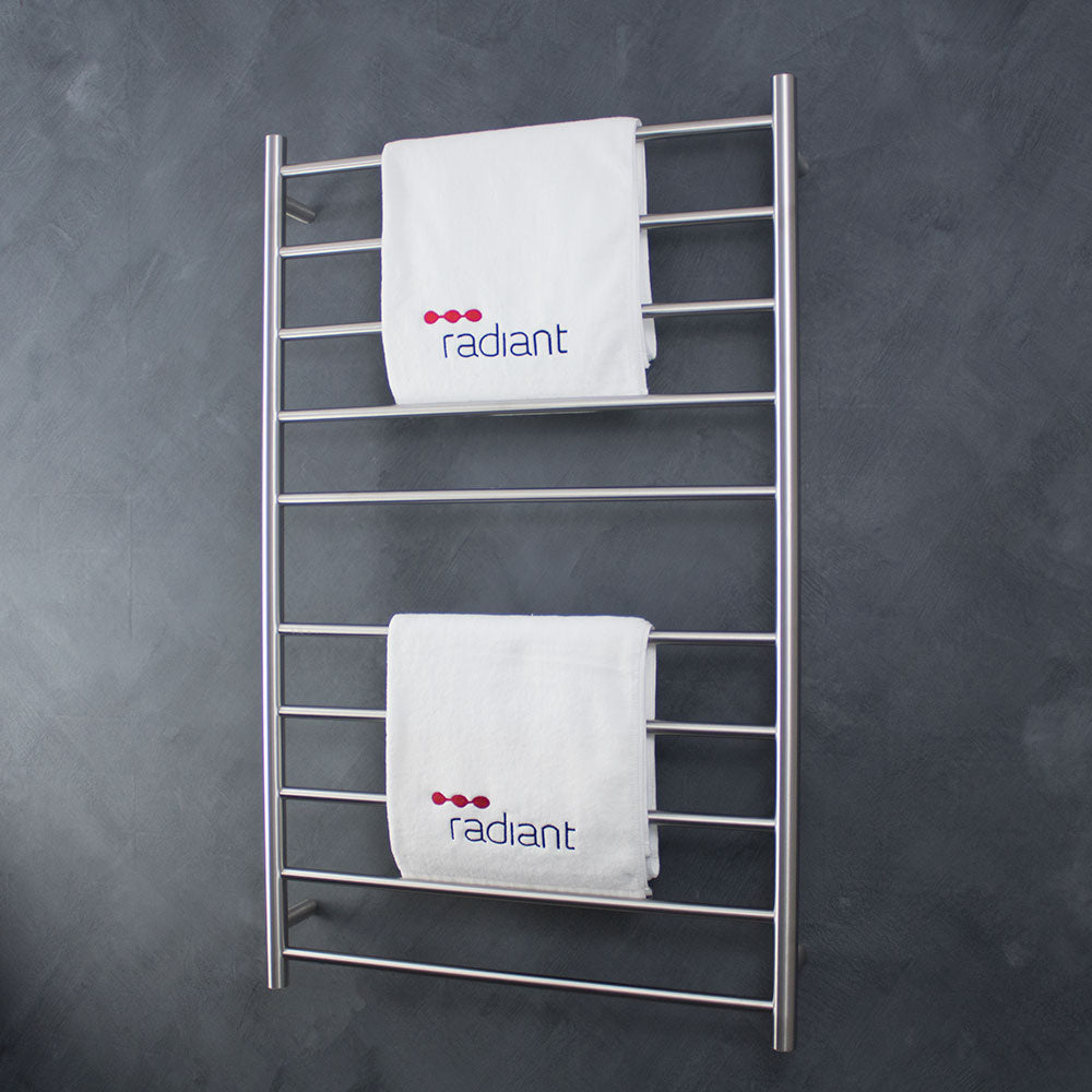 RADIANT HEATING 10-BARS ROUND HEATED TOWEL RAIL BRUSHED SATIN 130WATTS 750MM