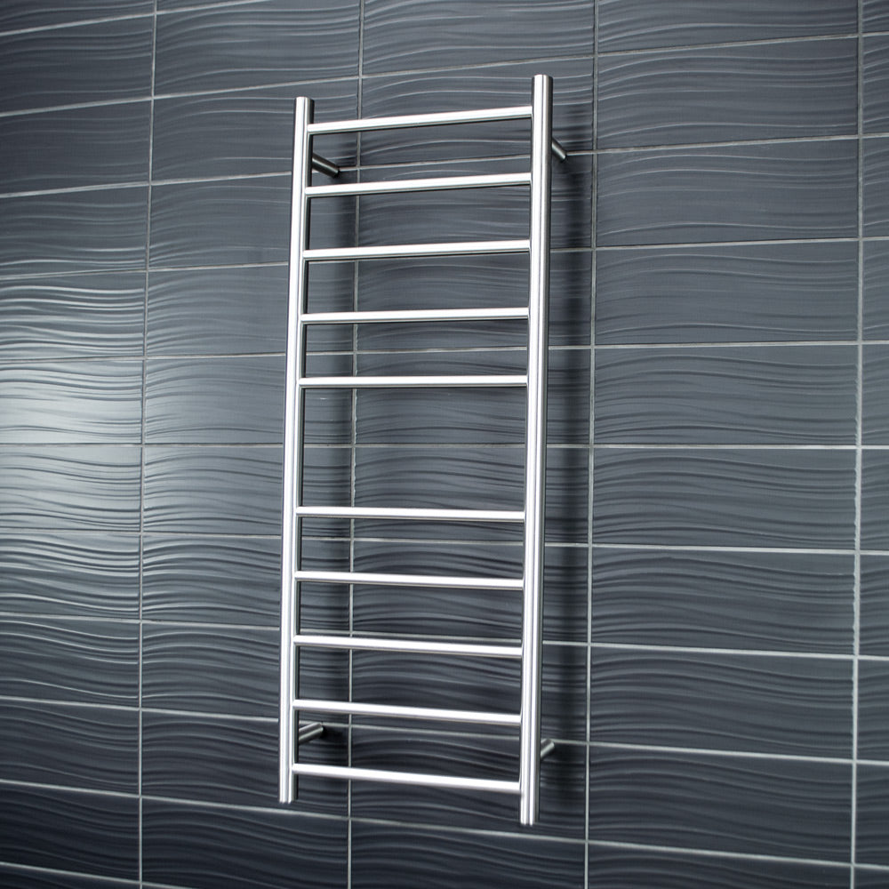 RADIANT HEATING 10-BARS ROUND HEATED TOWEL RAIL BRUSHED SATIN 80WATTS 430MM