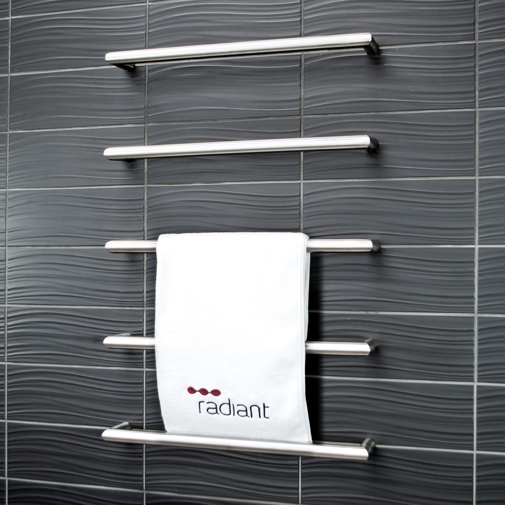 RADIANT HEATING ROUND HEATED SINGLE TOWEL RAIL BRUSHED SATIN 500MM, 650MM AND 800MM