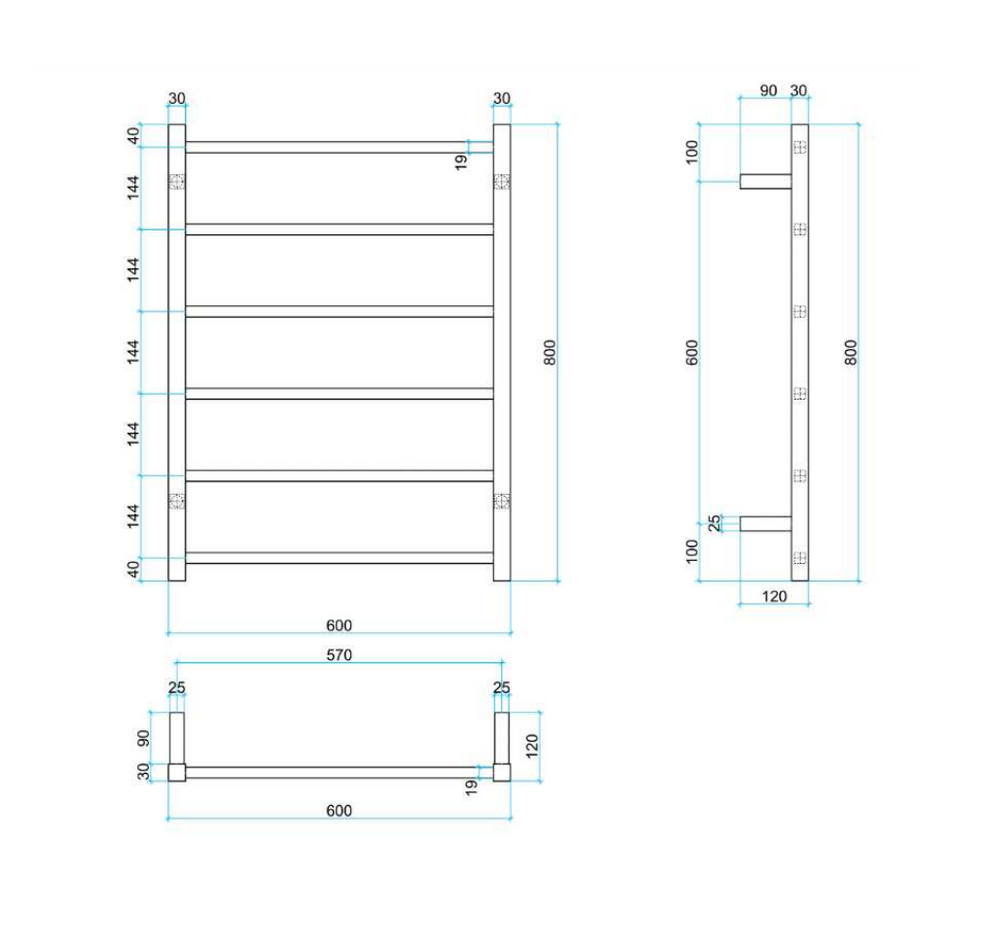 THERMOGROUP SQUARE LADDER HEATED TOWEL RAIL MATTE BLACK 800MM