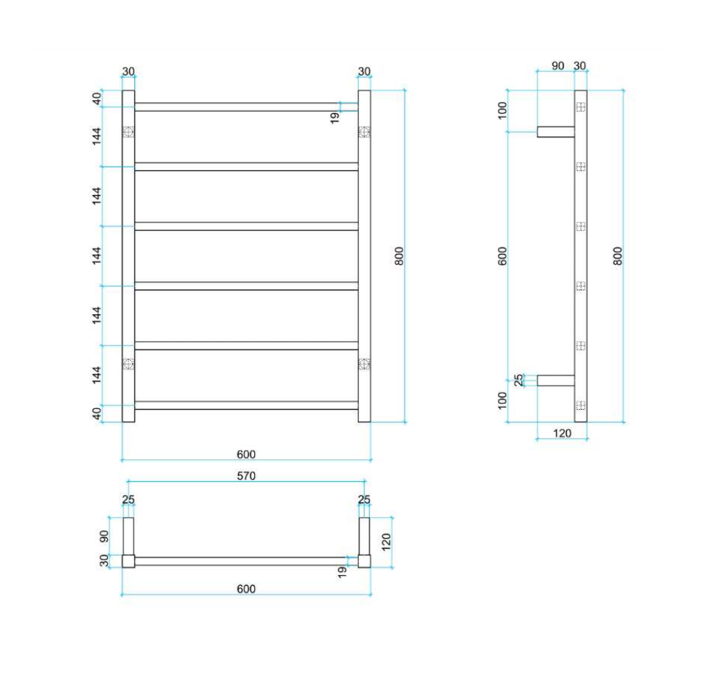 THERMOGROUP SQUARE LADDER HEATED TOWEL RAIL MATTE BLACK 800MM