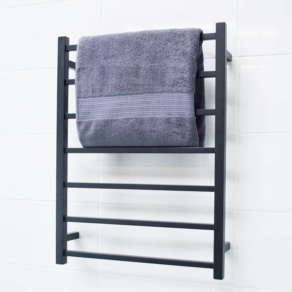 RADIANT HEATING 7-BAR SQUARE HEATED TOWEL RAIL 80WATTS MATTE BLACK 600MM