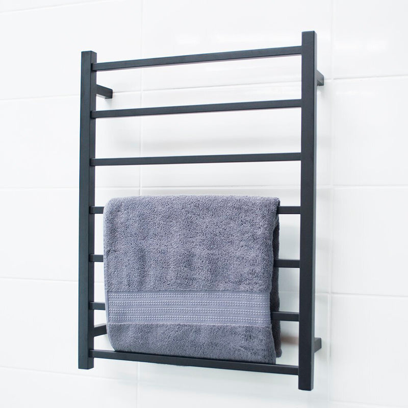 RADIANT HEATING 7-BAR SQUARE HEATED TOWEL RAIL MATTE BLACK 80WATTS 600MM