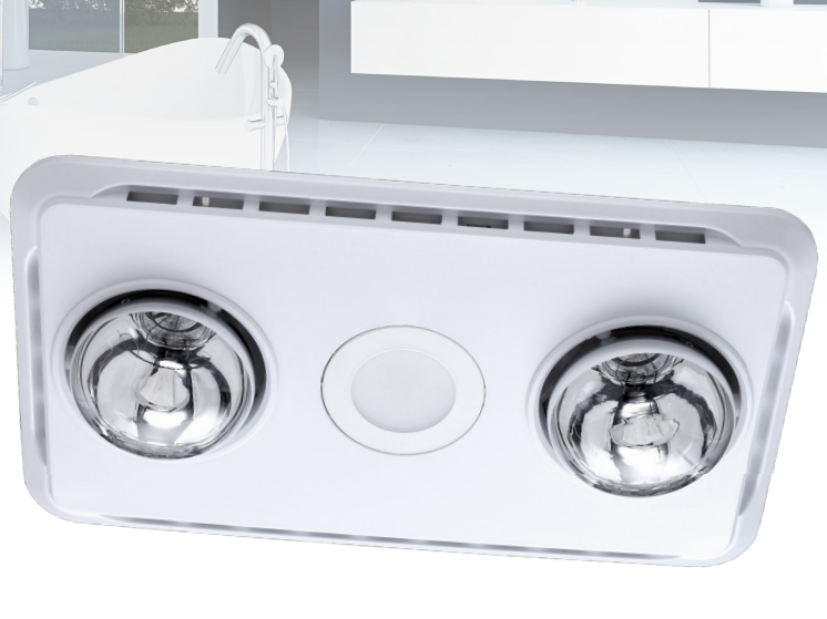 VENTAIR BROOK 2 HIGH EXTRACTION SERIES, 3IN1 BATHROOM UNIT WITH 2 HEAT GLOBES, LED CENTRE DOWNLIGHT AND EXHAUST FAN WHITE