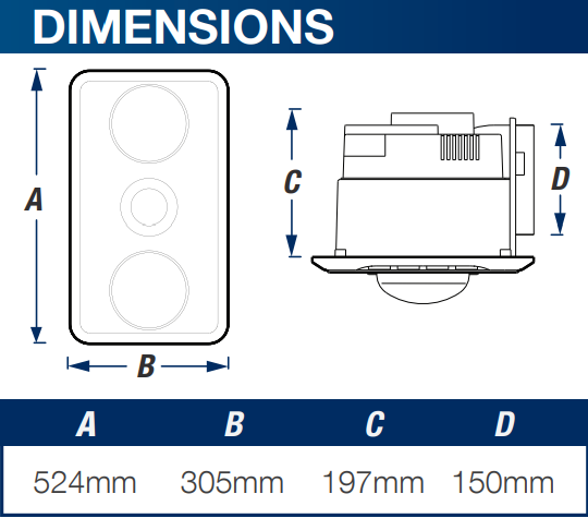 VENTAIR BROOK 2 HIGH EXTRACTION SERIES, 3IN1 BATHROOM UNIT WITH 2 HEAT GLOBES, LED CENTRE DOWNLIGHT AND EXHAUST FAN WHITE