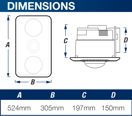 VENTAIR BROOK 2 HIGH EXTRACTION SERIES, 3IN1 BATHROOM UNIT WITH 2 HEAT  GLOBES, LED CENTRE DOWNLIGHT AND EXHAUST FAN WHITE | Austpek Bathrooms