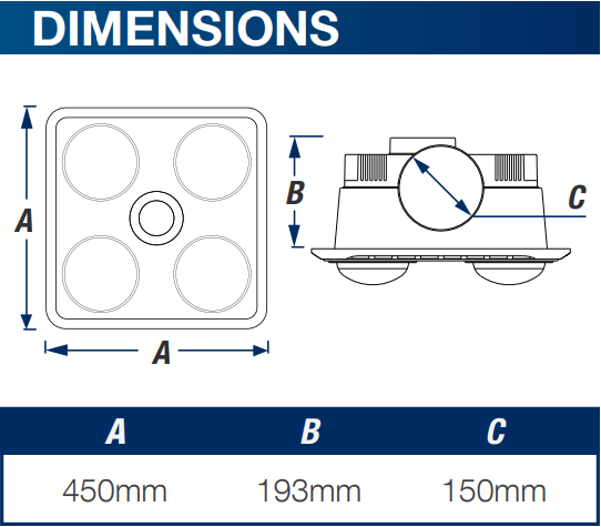 VENTAIR BROOK 4 HIGH EXTRACTION SERIES, 3 IN1 BATHROOM UNIT WITH 4 HEAT GLOBES, LED CENTRE DOWNLIGHT AND POWERFUL EXHAUST FAN WHITE