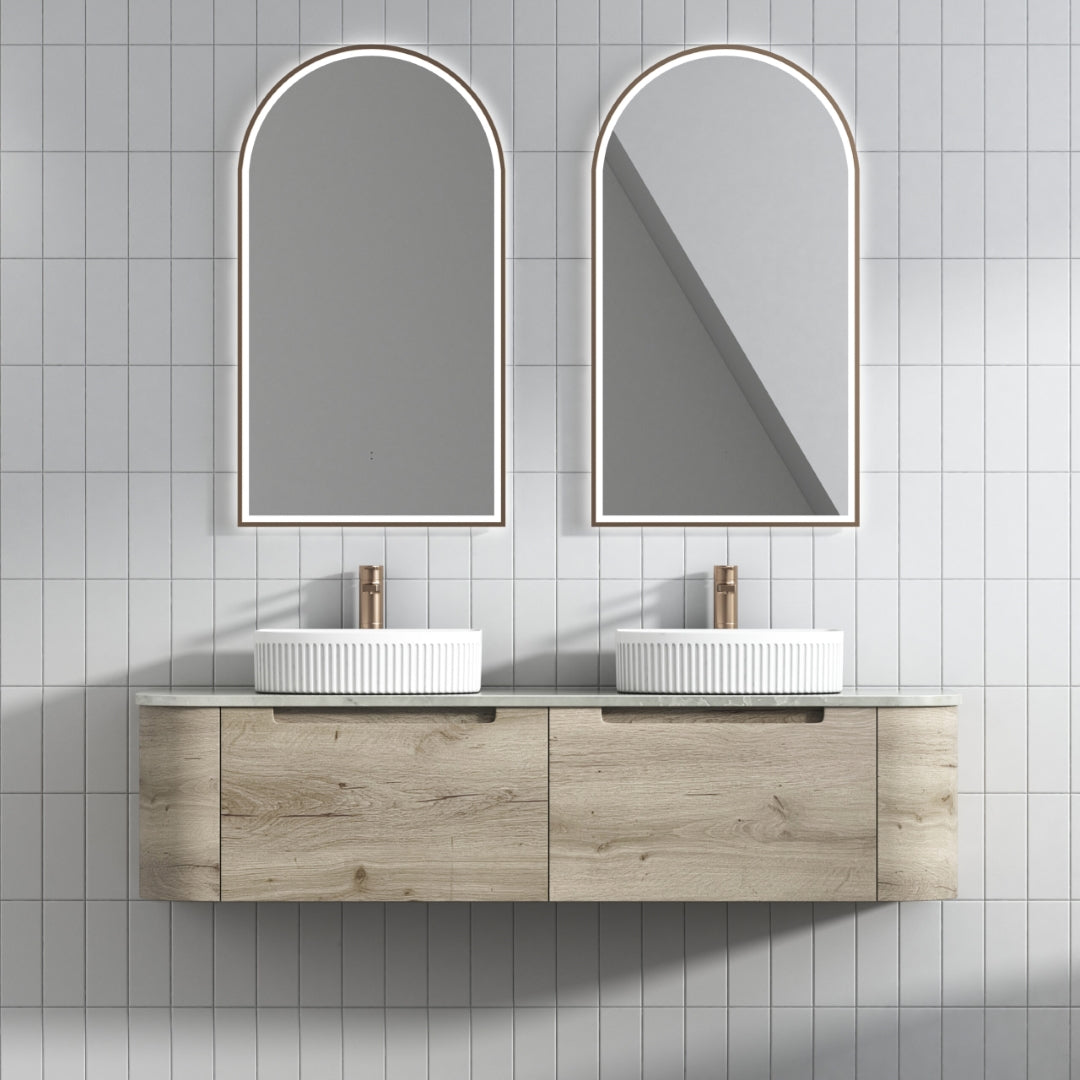 AULIC HAMILTON WHITE OAK 1500MM DOUBLE BOWL WALL HUNG VANITY W/ GERMAN HETTICH RUNNERS