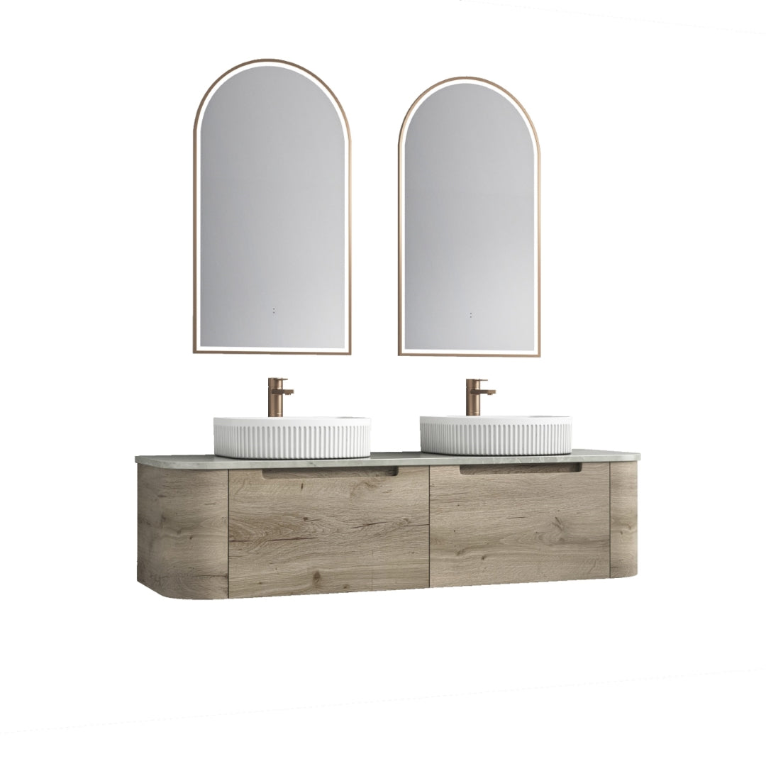 AULIC HAMILTON WHITE OAK 1500MM DOUBLE BOWL WALL HUNG VANITY W/ GERMAN HETTICH RUNNERS