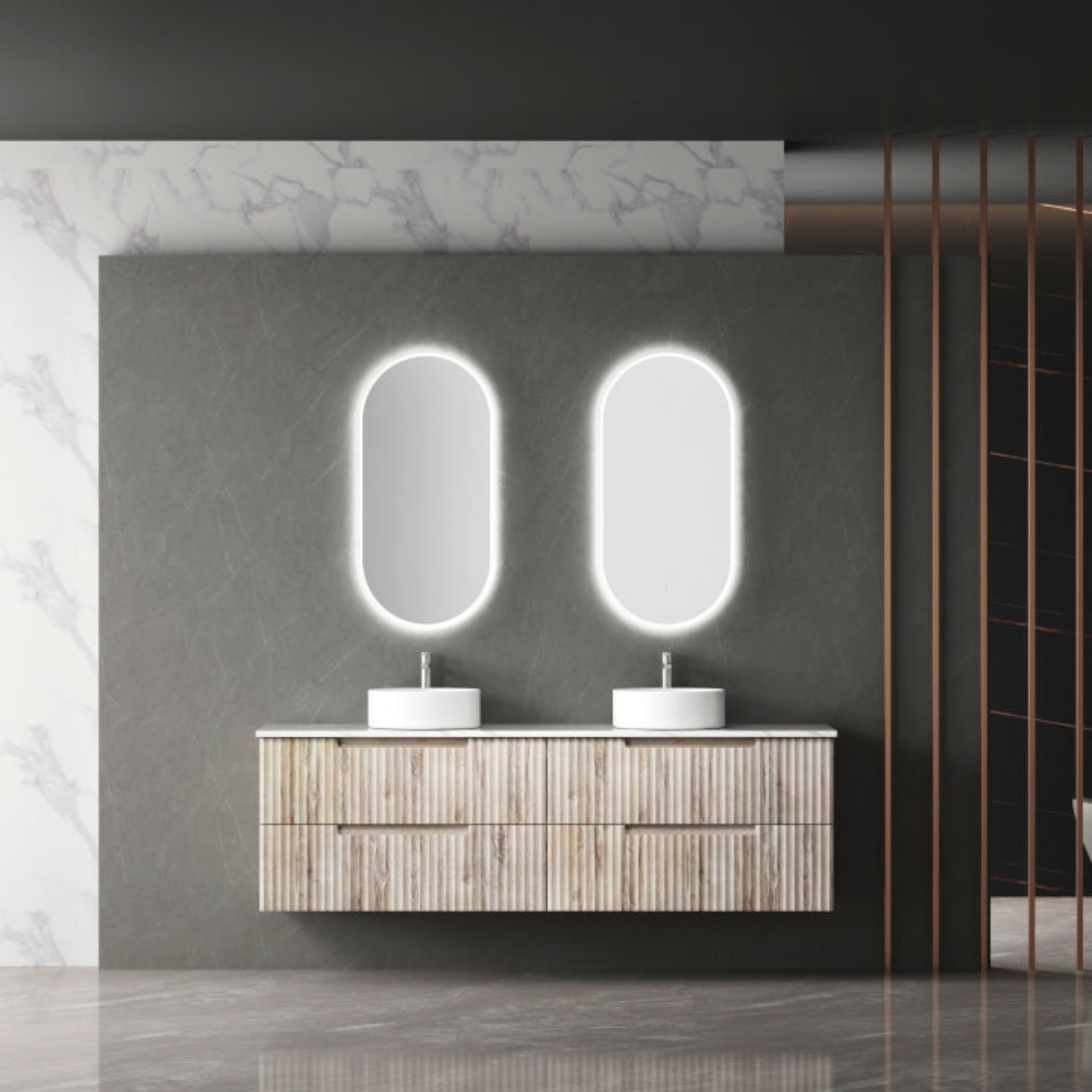 AULIC TUSCANA WOOD GRAIN 1800MM DOUBLE BOWL WALL HUNG VANITY W/ GERMAN HETTICH RUNNERS