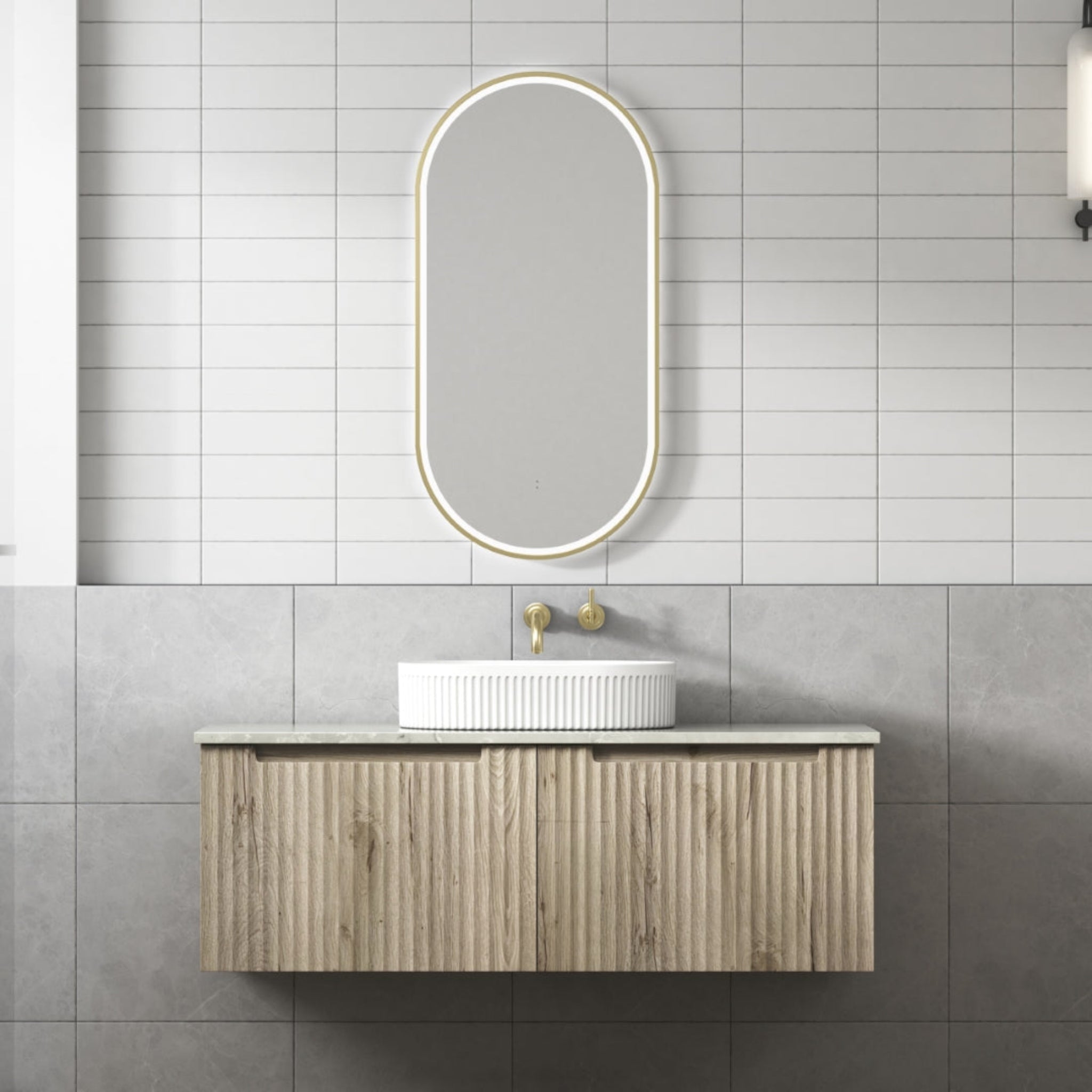 AULIC CALDER NATURAL OAK 1200MM SINGLE BOWL WALL HUNG VANITY W/ GERMAN HETTICH RUNNERS