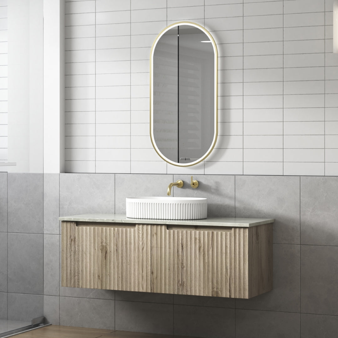 AULIC CALDER NATURAL OAK 1200MM SINGLE BOWL WALL HUNG VANITY W/ GERMAN HETTICH RUNNERS