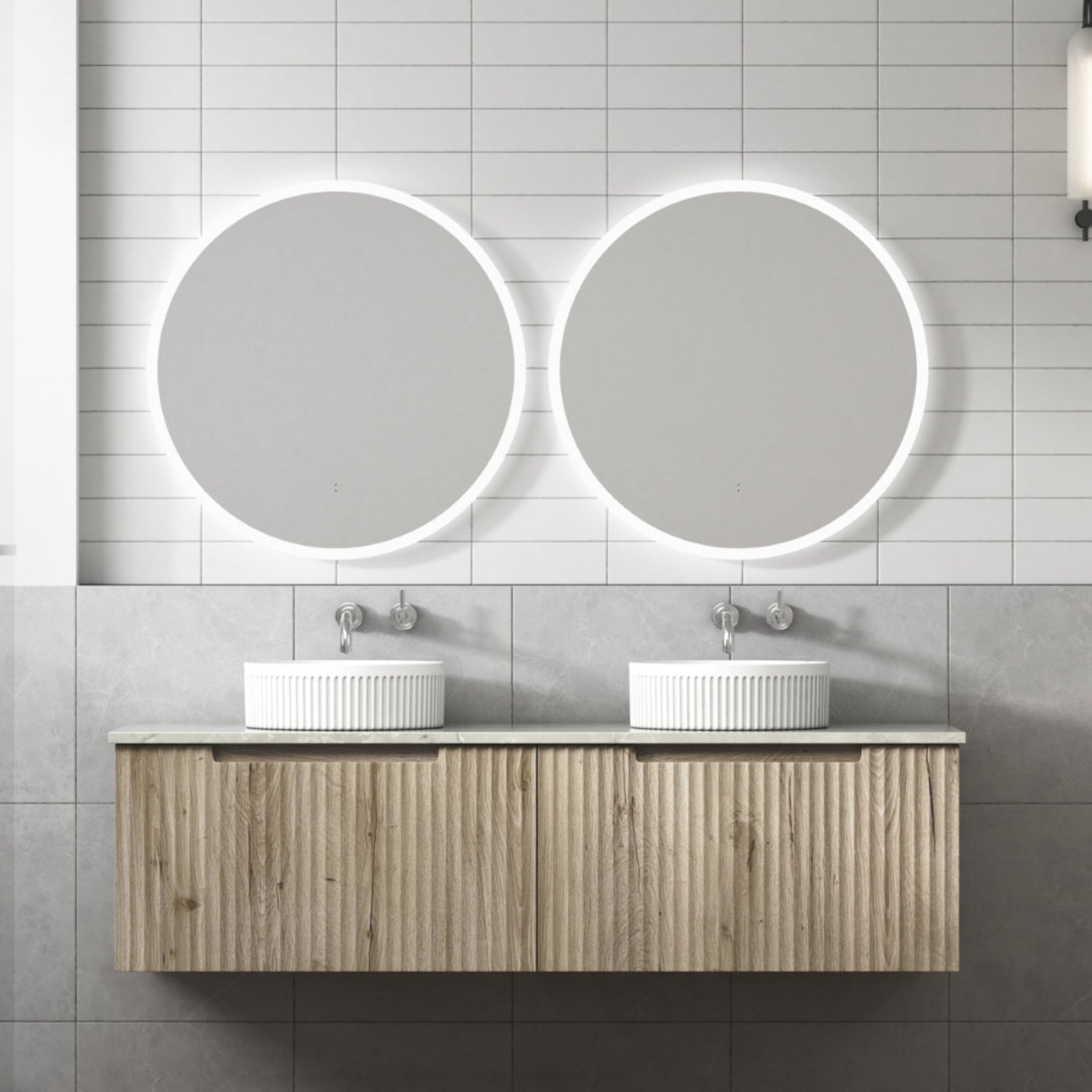 AULIC CALDER NATURAL OAK 1500MM DOUBLE BOWL WALL HUNG VANITY W/ GERMAN HETTICH RUNNERS