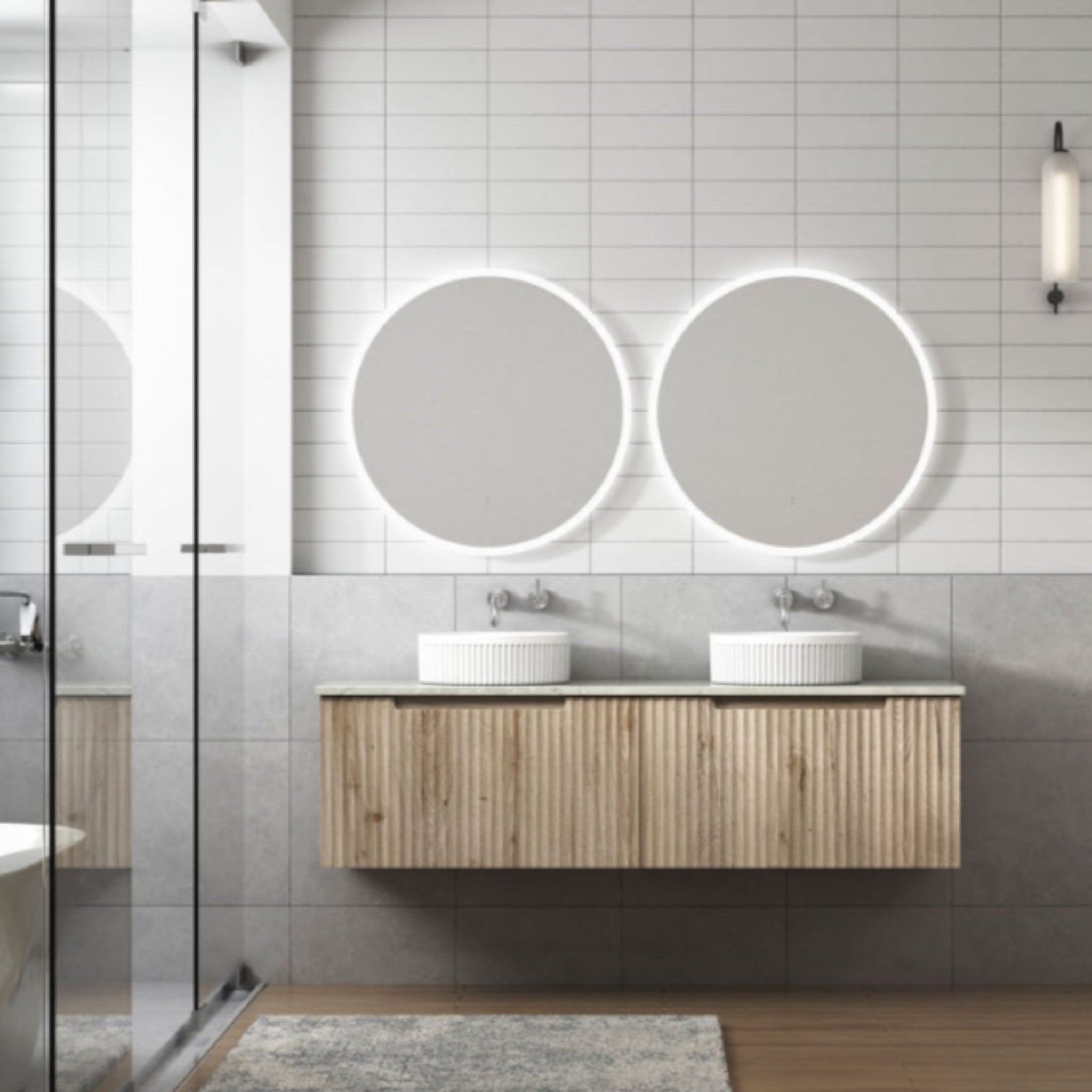 AULIC CALDER NATURAL OAK 1500MM DOUBLE BOWL WALL HUNG VANITY W/ GERMAN HETTICH RUNNERS