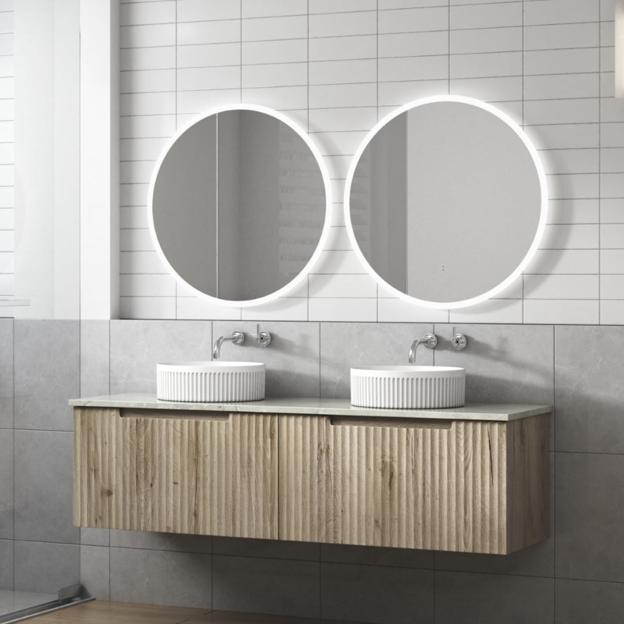 AULIC CALDER NATURAL OAK 1500MM DOUBLE BOWL WALL HUNG VANITY W/ GERMAN HETTICH RUNNERS