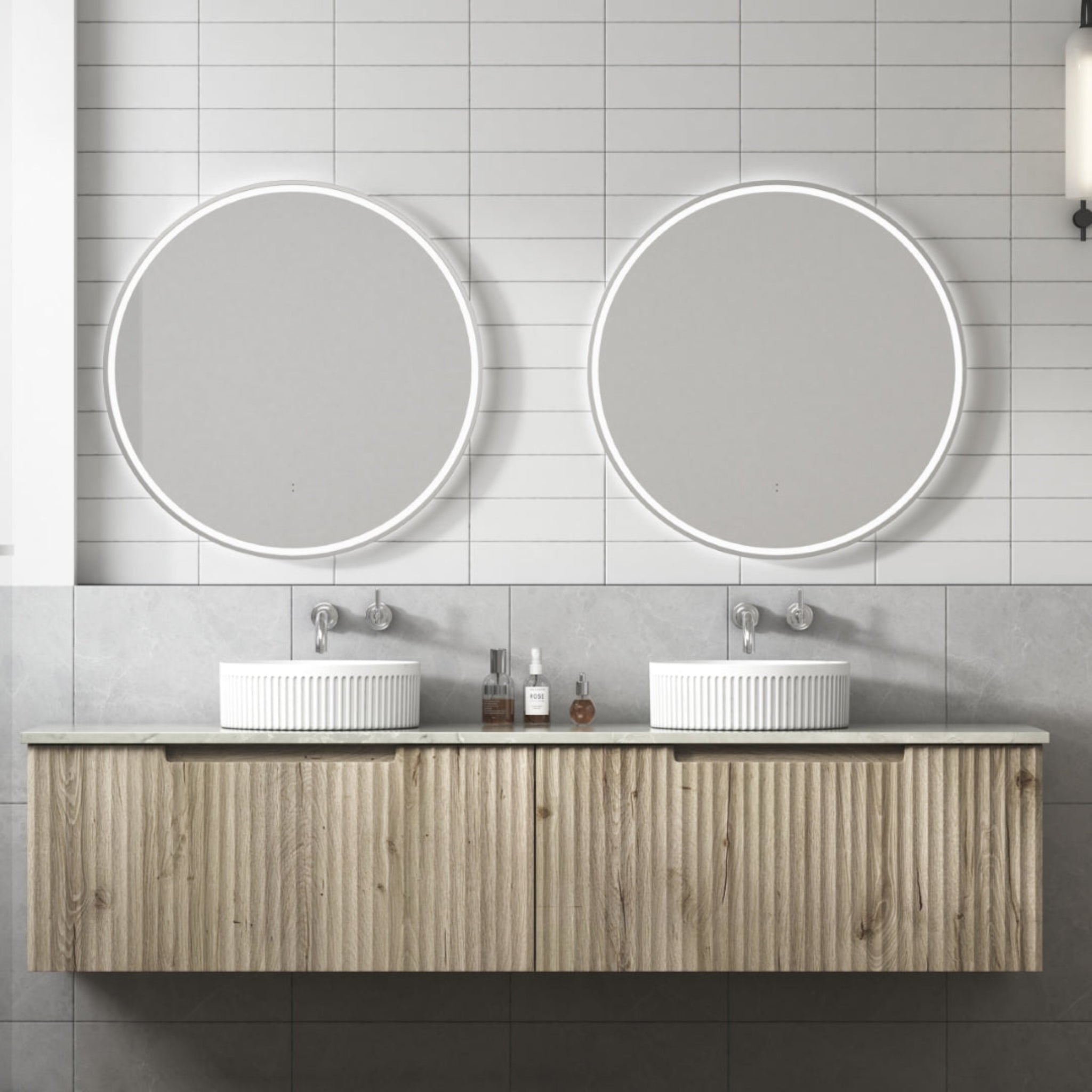 AULIC CALDER NATURAL OAK 1800MM DOUBLE BOWL WALL HUNG VANITY W/ GERMAN HETTICH RUNNERS