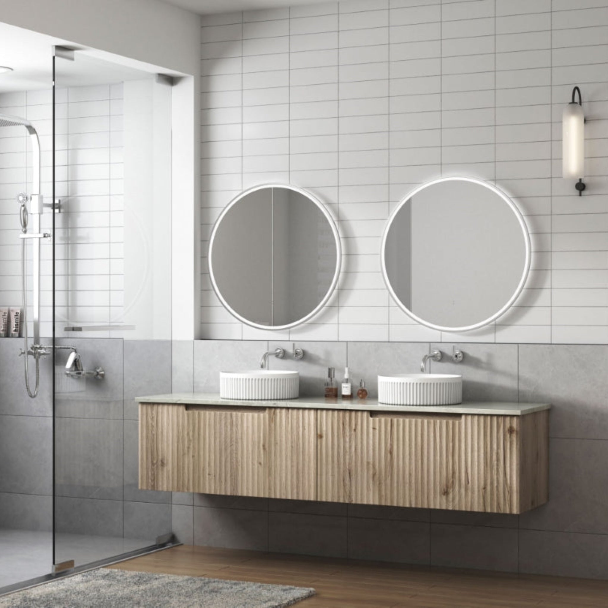AULIC CALDER NATURAL OAK 1800MM DOUBLE BOWL WALL HUNG VANITY W/ GERMAN HETTICH RUNNERS