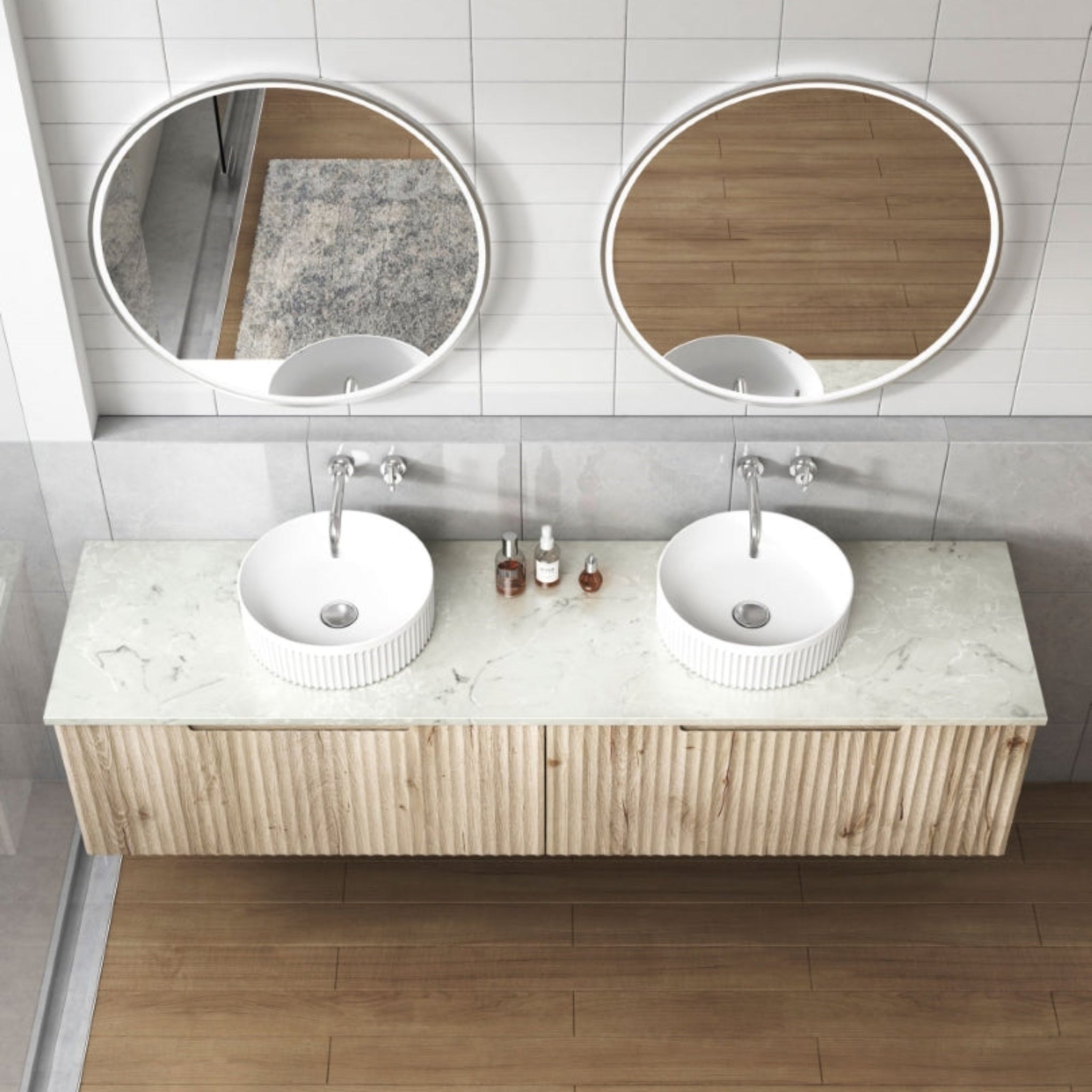 AULIC CALDER NATURAL OAK 1800MM DOUBLE BOWL WALL HUNG VANITY W/ GERMAN HETTICH RUNNERS
