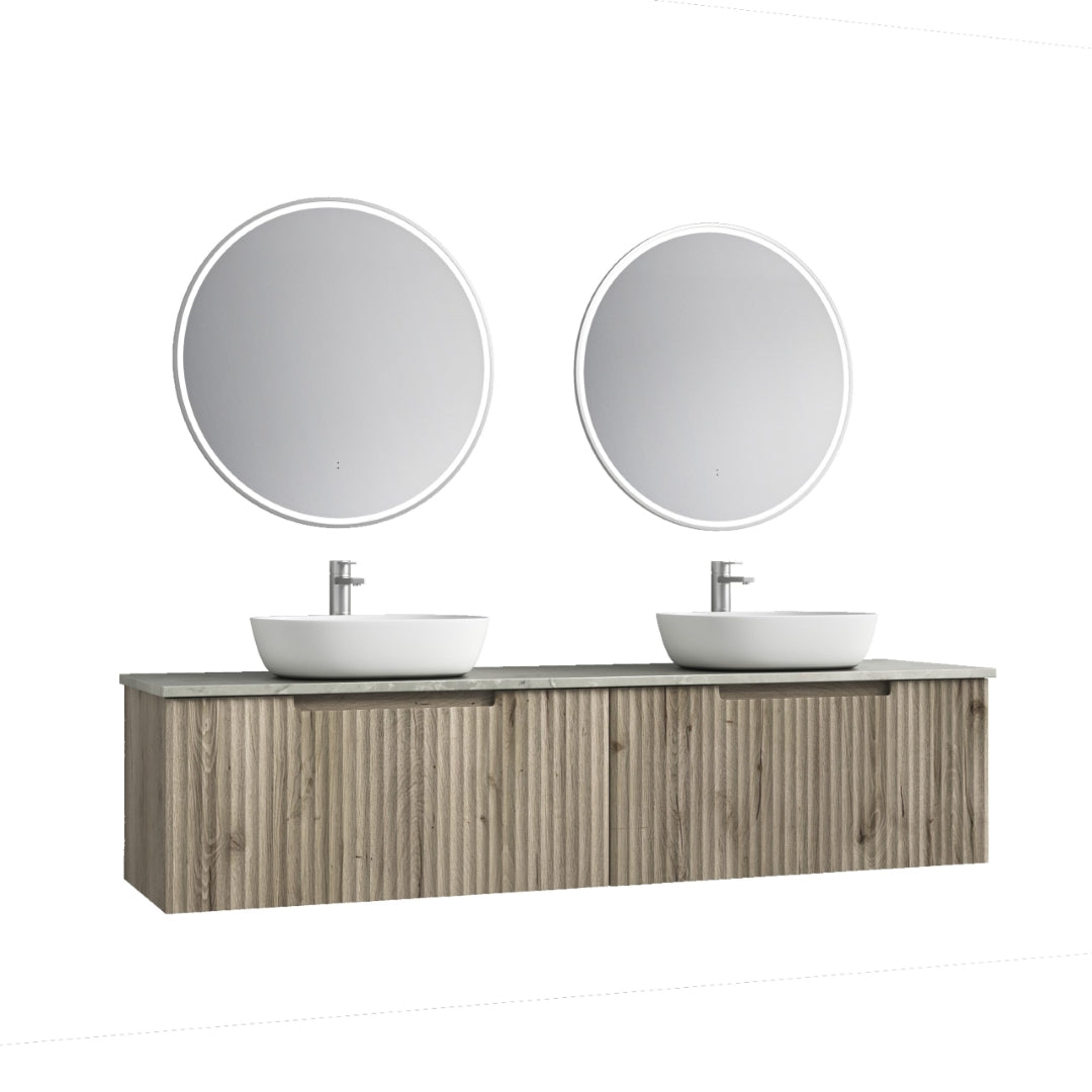 AULIC CALDER NATURAL OAK 1800MM DOUBLE BOWL WALL HUNG VANITY W/ GERMAN HETTICH RUNNERS