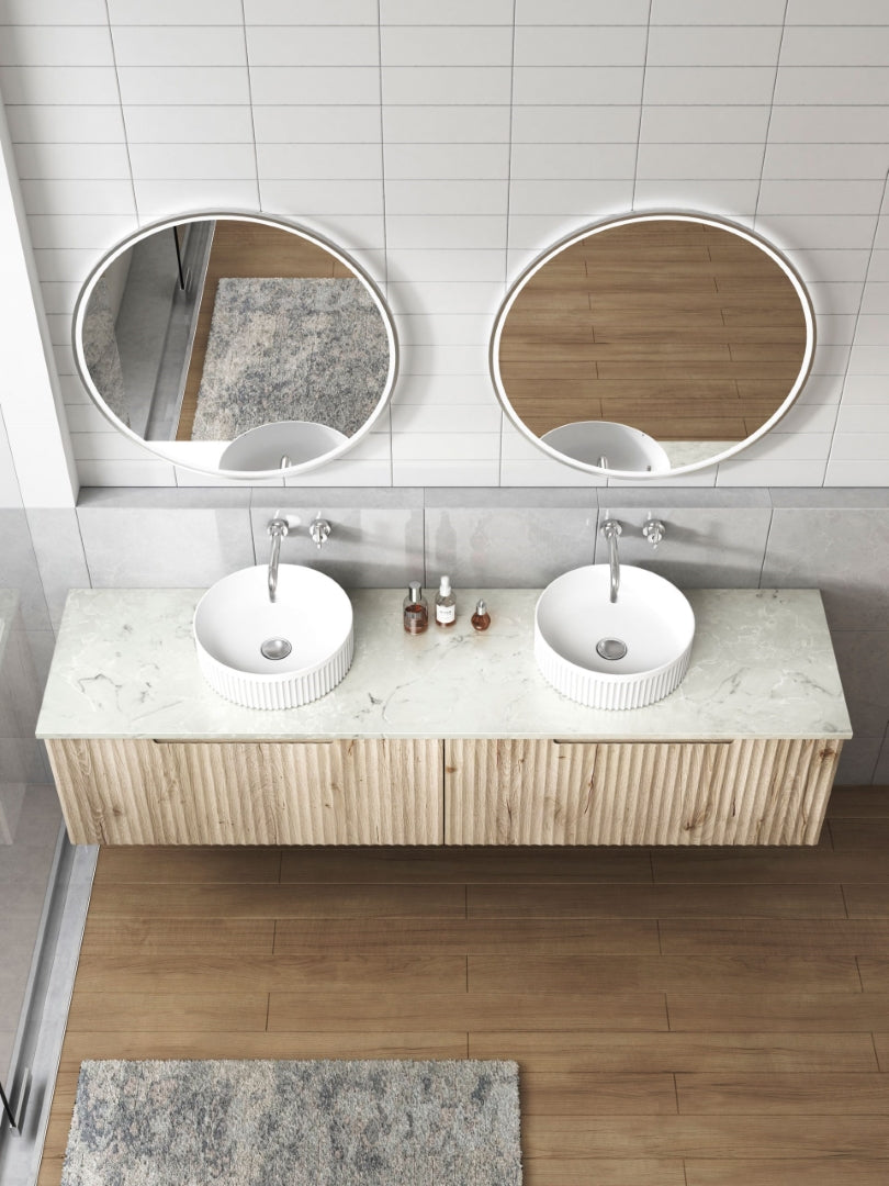 AULIC CALDER NATURAL OAK 1800MM DOUBLE BOWL WALL HUNG VANITY W/ GERMAN HETTICH RUNNERS