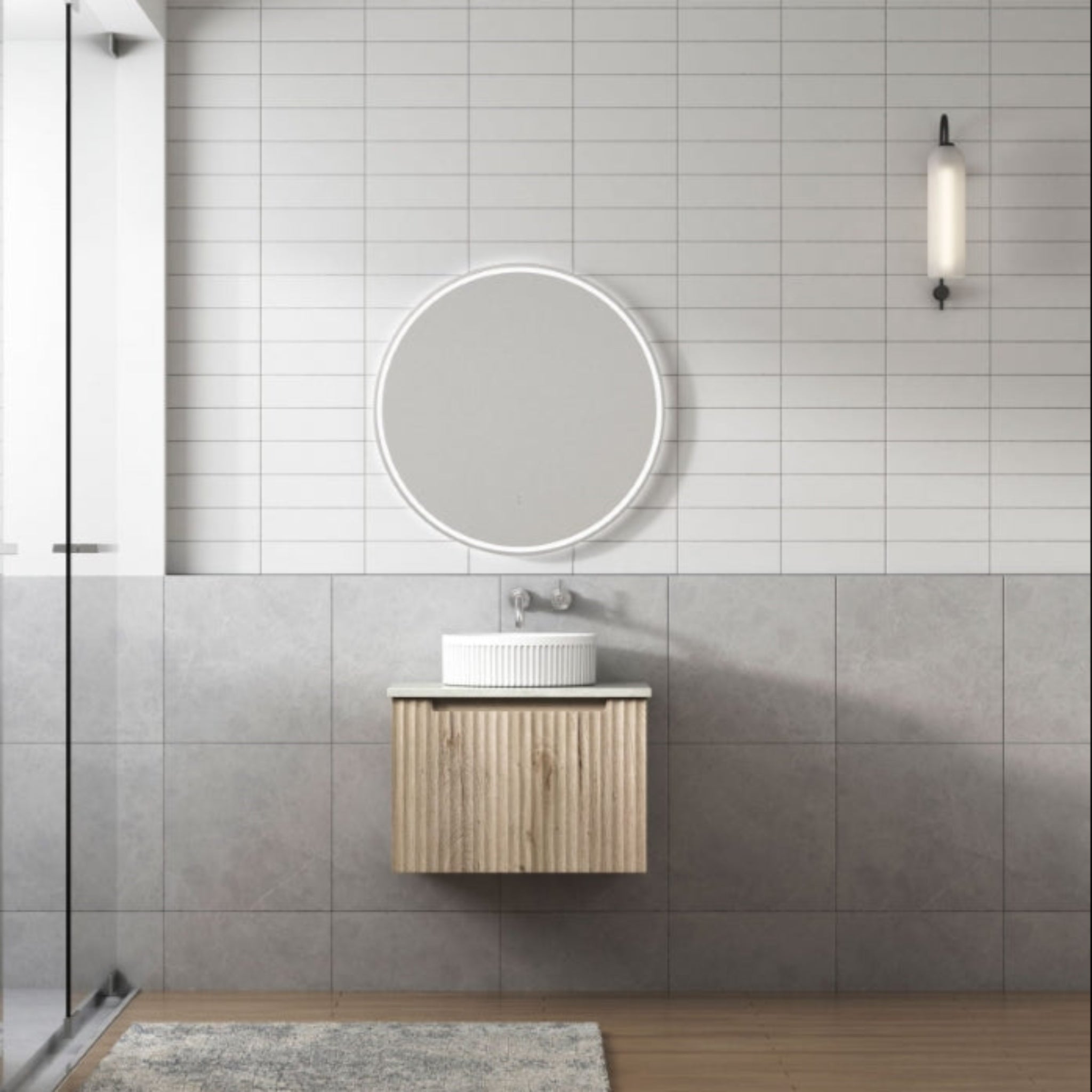 AULIC CALDER NATURAL OAK 600MM SINGLE BOWL WALL HUNG VANITY W/ GERMAN HETTICH RUNNERS