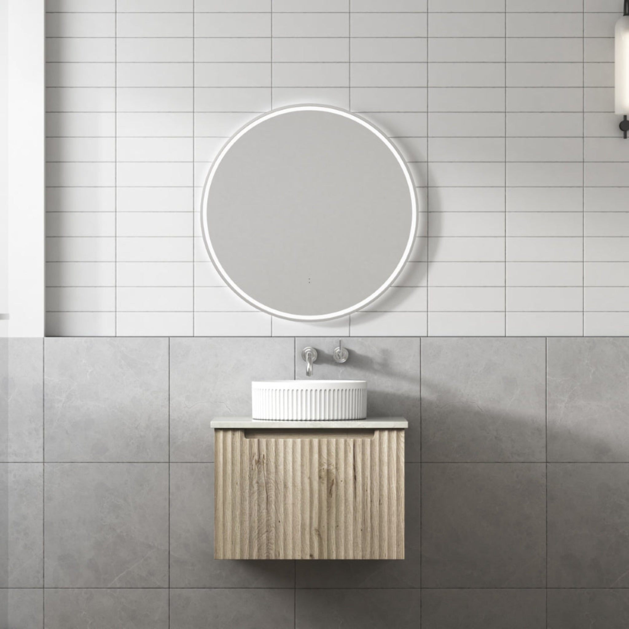 AULIC CALDER NATURAL OAK 600MM SINGLE BOWL WALL HUNG VANITY W/ GERMAN HETTICH RUNNERS