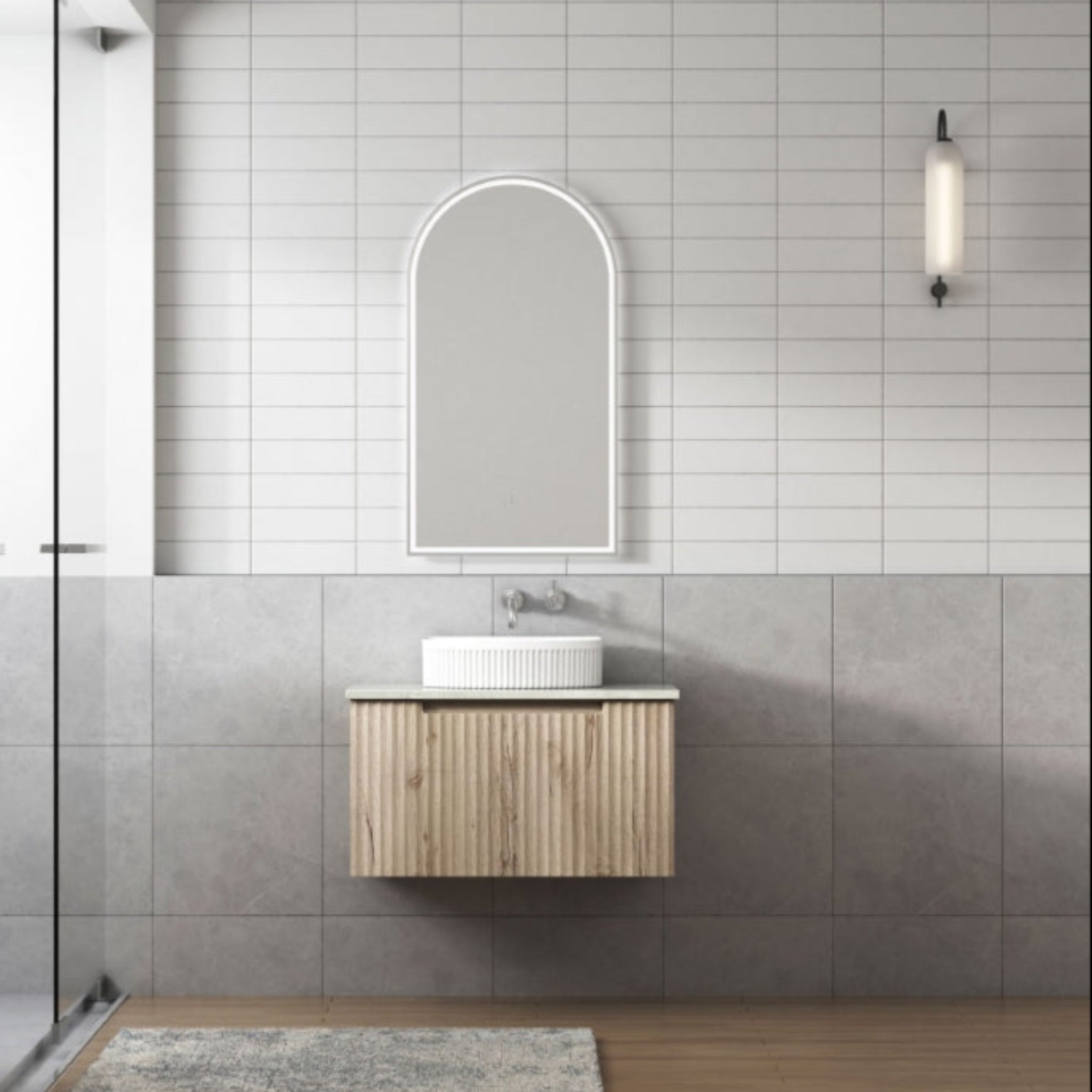 AULIC CALDER NATURAL OAK 750MM SINGLE BOWL WALL HUNG VANITY W/ GERMAN HETTICH RUNNERS