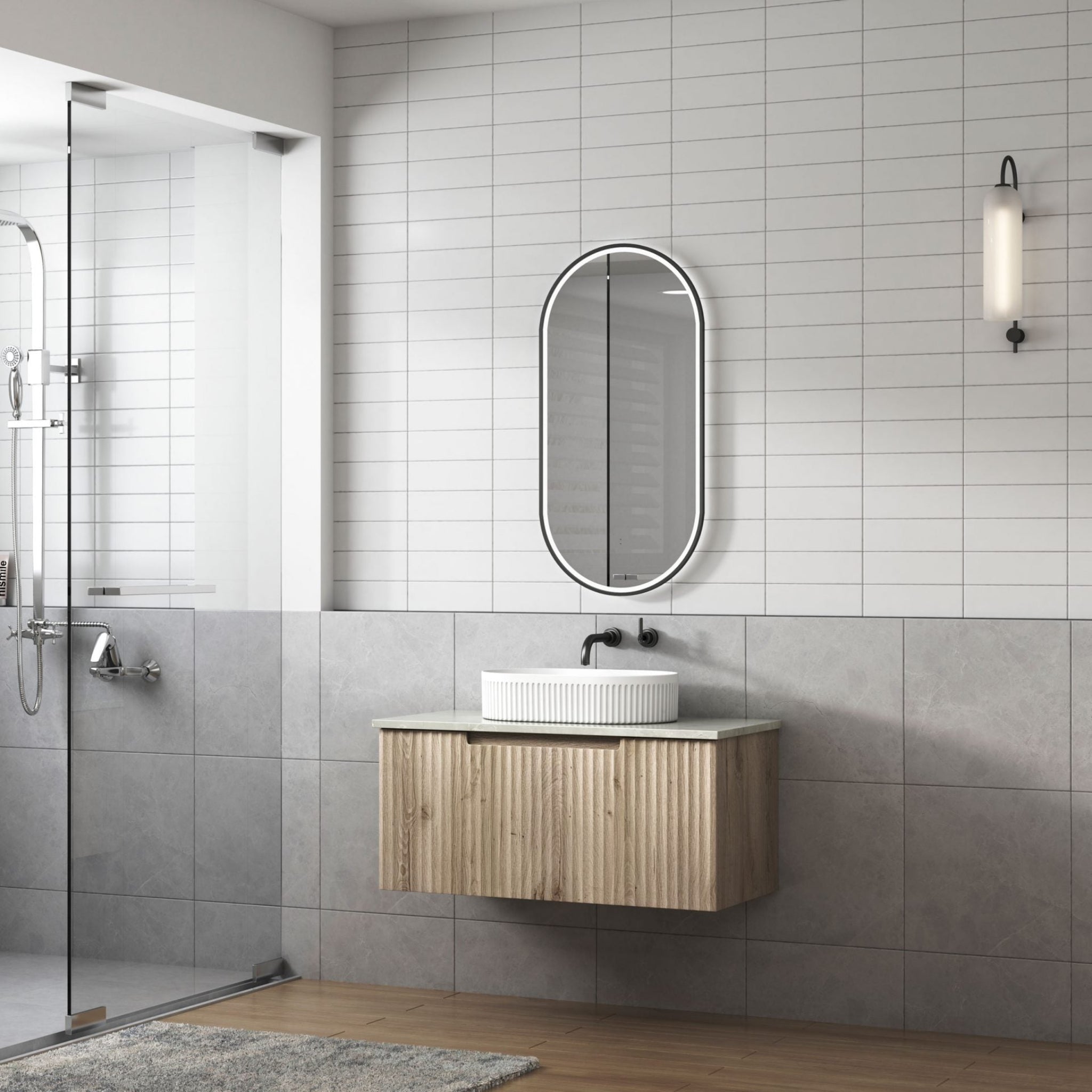 AULIC CALDER NATURAL OAK 900MM SINGLE BOWL WALL HUNG VANITY W/ GERMAN HETTICH RUNNERS