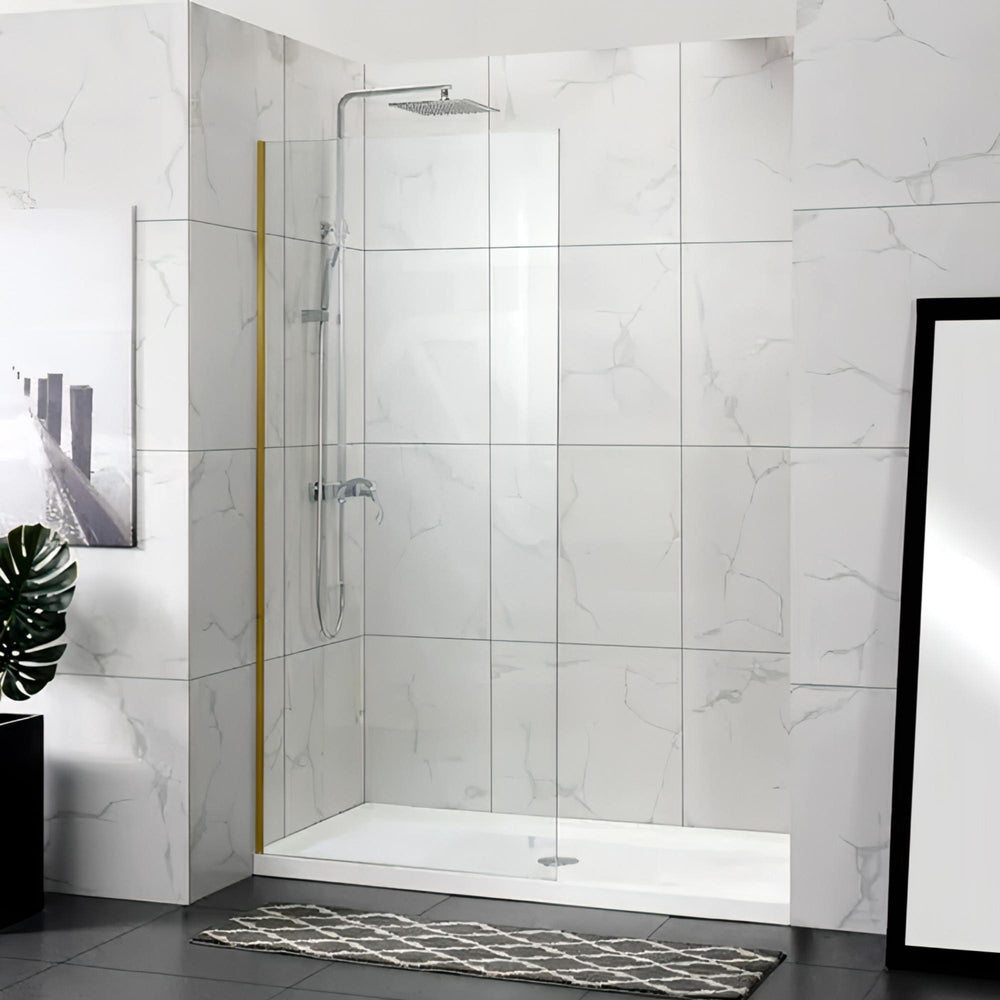 COVEY FRAMELESS WALK IN SINGLE PANEL WITH WALL CHANNEL BRUSHED GOLD