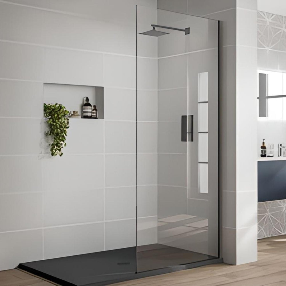 COVEY FRAMELESS WALK IN SINGLE PANEL WITH WALL CHANNEL GUN METAL GREY