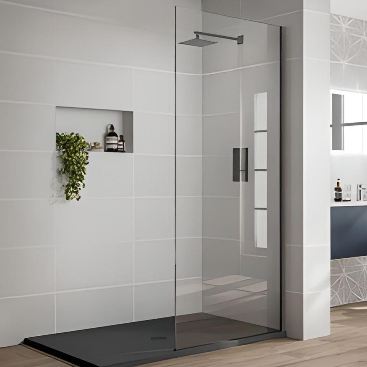 COVEY FRAMELESS FIXED PANEL WITH WALL CHANNEL GUN METAL GREY