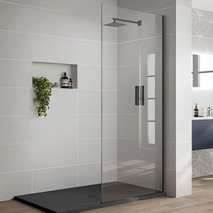 COVEY FRAMELESS WALK IN SINGLE PANEL WITH WALL CHANNEL GUN METAL GREY