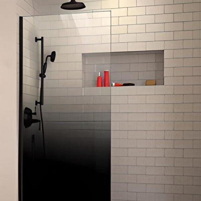 COVEY FRAMELESS WALK IN DARK GLASS SINGLE FIXED PANEL WITH WALL CHANNEL MATTE BLACK