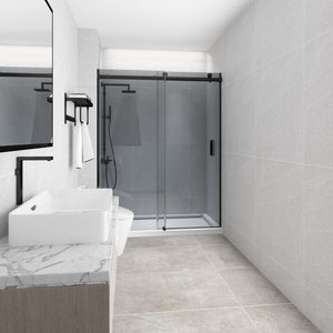 COVEY WALL TO WALL FRAMELESS SINGLE SLIDING DOOR GREY GLASS SHOWER SCREEN GUN METAL