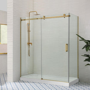 COVEY WALL TO WALL FRAMELESS SINGLE SLIDING DOOR SHOWER SCREEN BRUSHED GOLD
