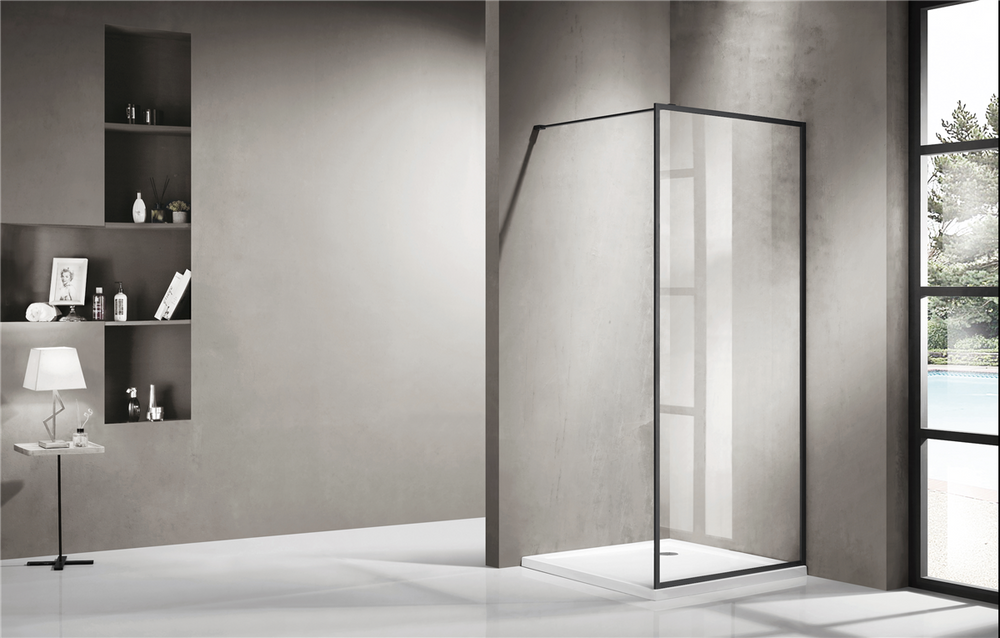 COVEY FRAMED WALK IN SINGLE PANEL WITH SUPPORT BAR SHOWER SCREEN MATTE BLACK