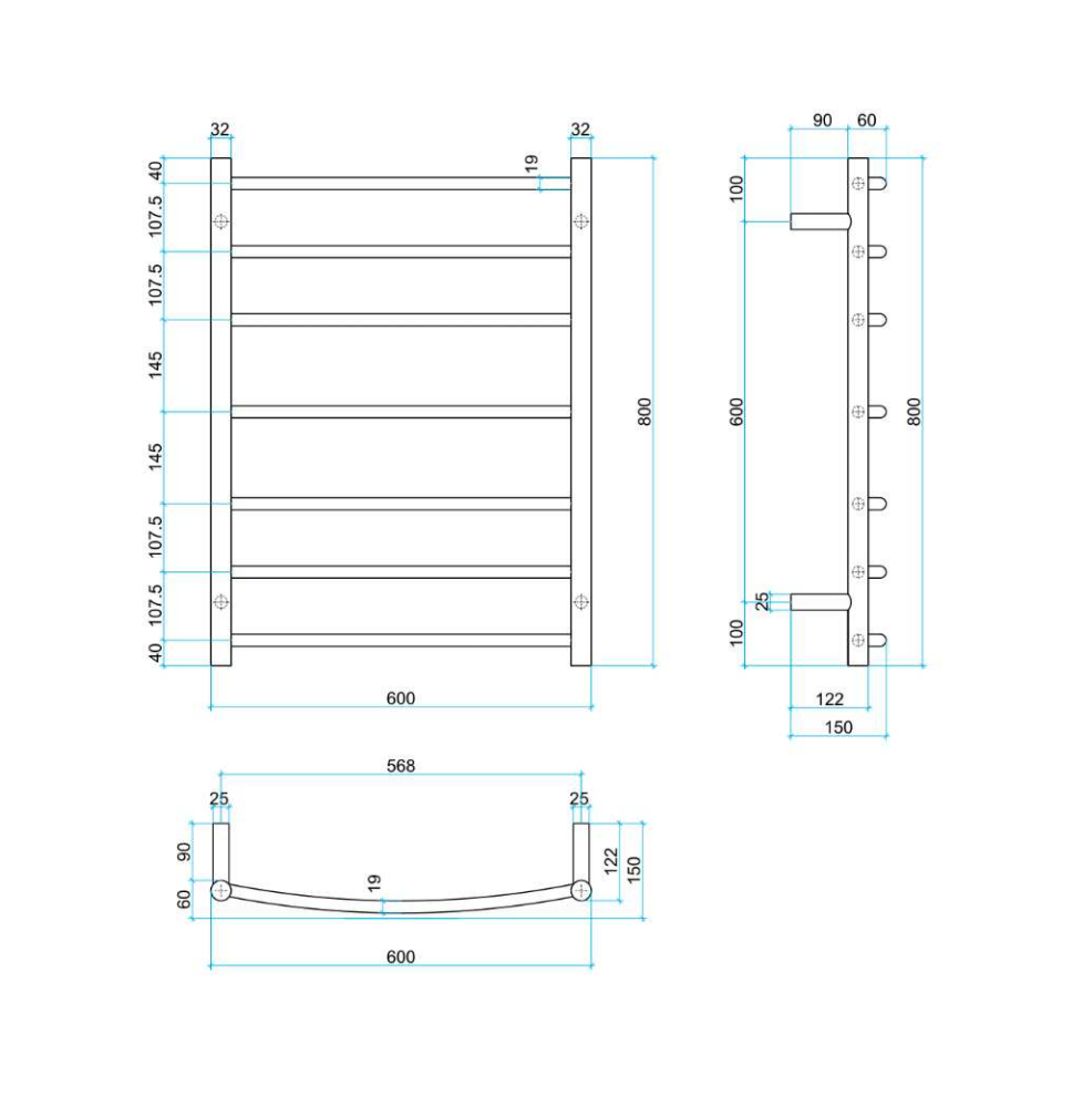 THERMOGROUP CURVED ROUND LADDER HEATED TOWEL RAIL 600MM