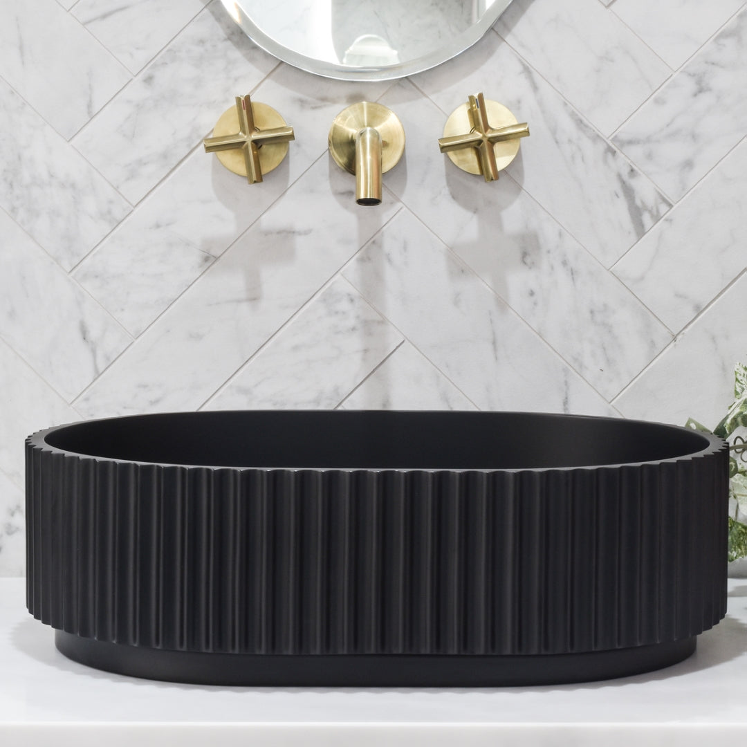 ENFLAIR STADIO GROOVE FLUTED OVAL SHAPE ABOVE COUNTER BASIN MATTE BLACK 480MM
