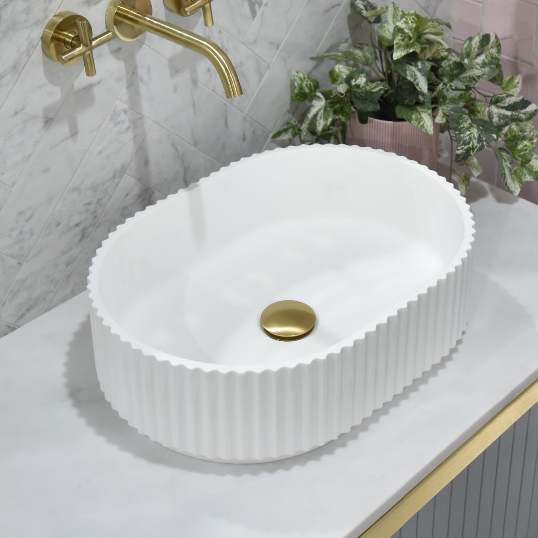 ENFLAIR STADIO GROOVE FLUTED OVAL SHAPE ABOVE COUNTER BASIN MATTE WHITE 480MM