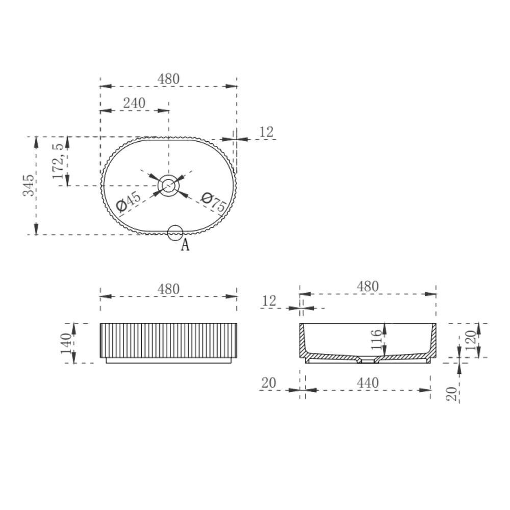 ENFLAIR STADIO GROOVE FLUTED OVAL SHAPE ABOVE COUNTER BASIN MATTE BLACK 480MM