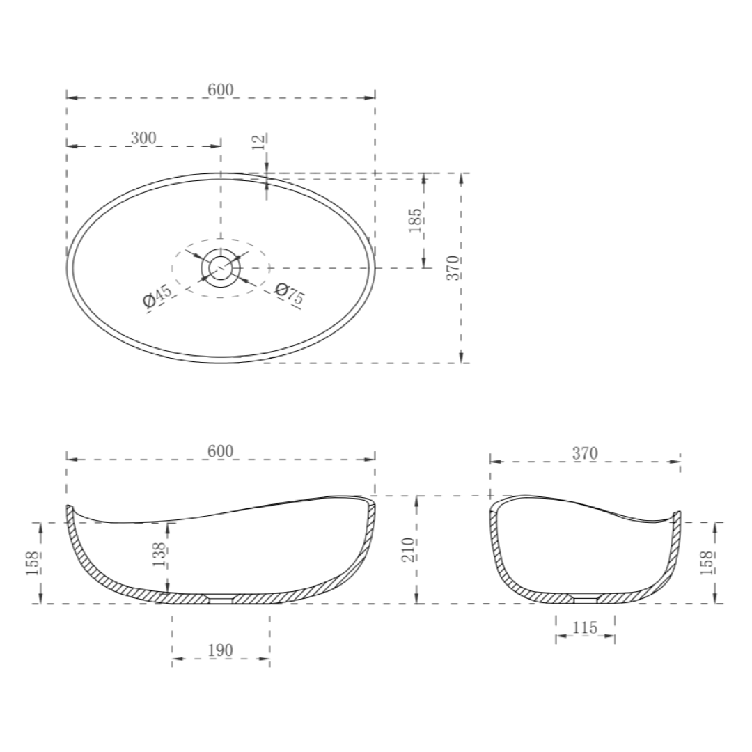 ENFLAIR WAVE OVAL SHAPE ABOVE COUNTER BASIN MATTE BLACK 600MM