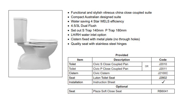 JOHNSON SUISSE CIVIC CLOSE COUPLED TOILET GLOSS WHITE